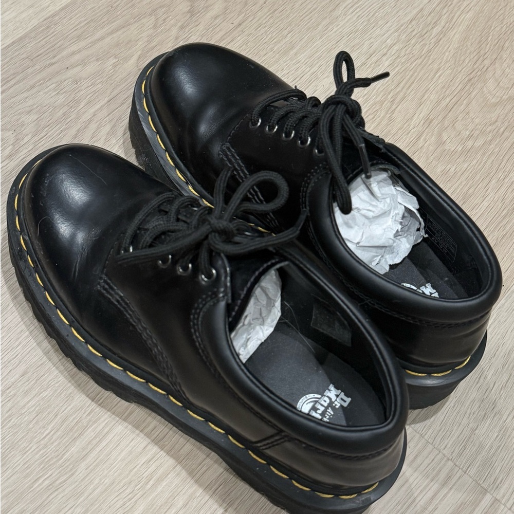 Dr. Martens Black Leather Shoes with Yellow Stitching